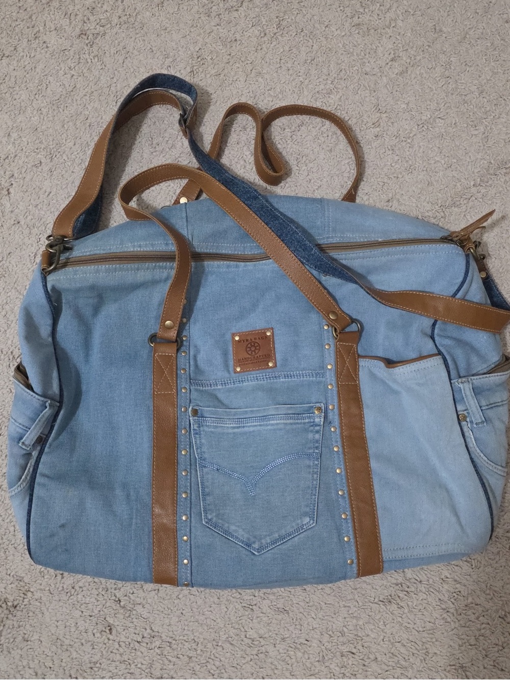 Myra Bag Light Blue Denim Travel Duffel with Brown Trim